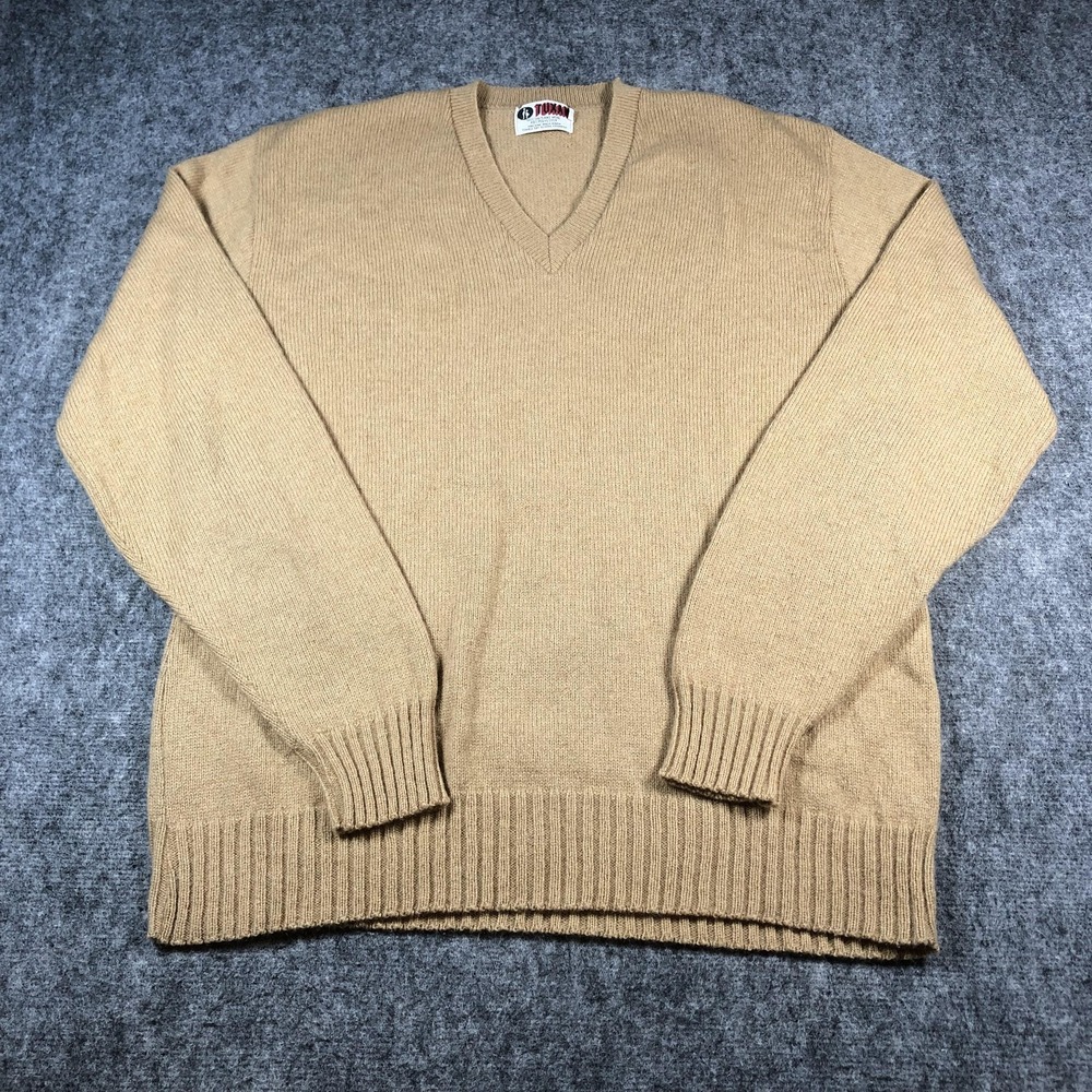 Tuxan‎ Sweater Mens XLL Tan V-Neck Shetland Wool Blend Knit Pullover Ribbed Vtg